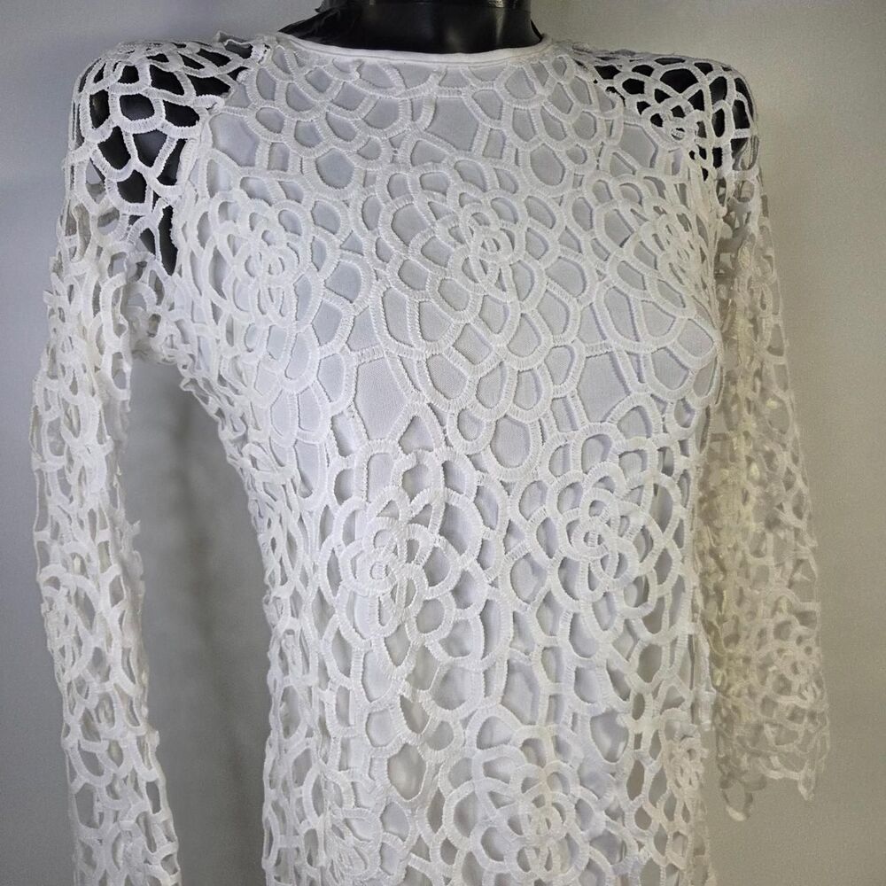 Solitaire white crochet lace 3/4 sleeve dress floral geometric patterns S